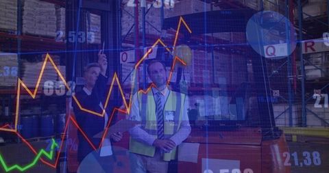 Warehouse Analytics with Business Team Over Digital Data Overlay