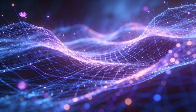 Undulating neon wireframe mesh glowing with luminous nodes and bokeh orbs, digital wave