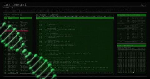 Displaying dark terminal with neon DNA helix and green code for cybersecurity forensics