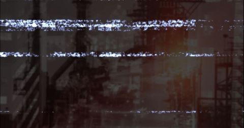 Abstract glitch in industrial port yard amid cyberpunk dystopia