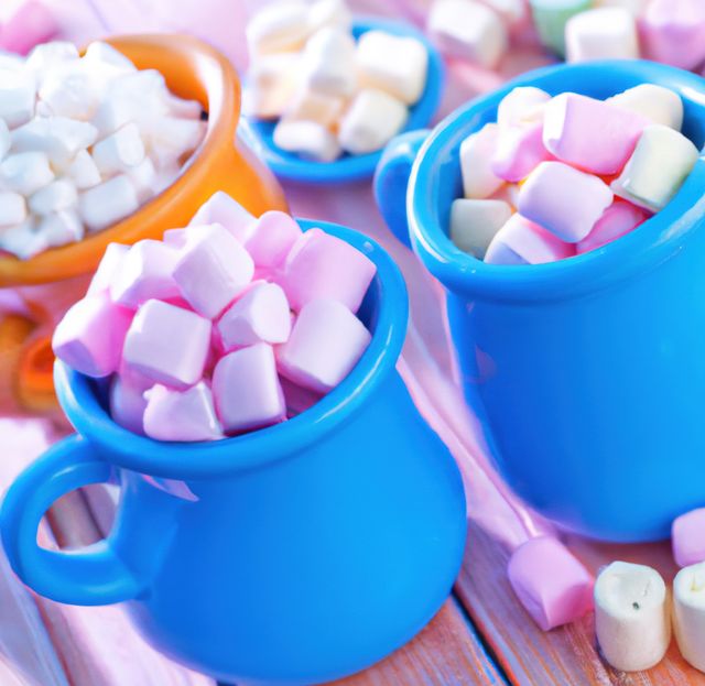 Close up of pots of multiple white marshmallows lying on table. Sweets, food and drink concept.