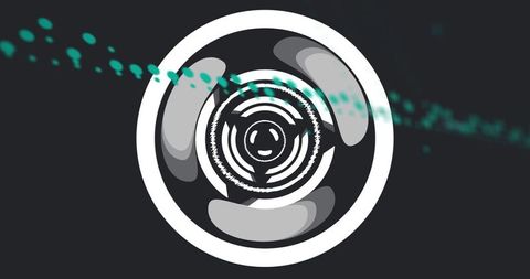 Concentric emblem spinning with glossy segments and teal motion streak on charcoal canvas