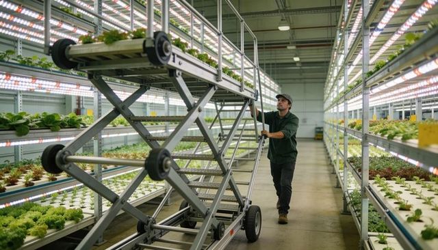 Technician maneuvering scissor lift in led-lit vertical farm