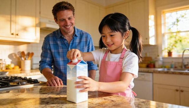 Asian daughter pouring milk while smiling father watching in sunlit home kitchen