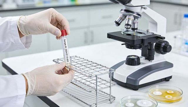 Scientist placing labeled sample tube into rack beside microscope and petri dishes