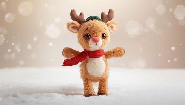 Adorable plush reindeer wearing red scarf and green cap standing on snowy bokeh background