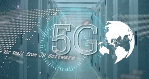 5G Technology with Digital World Map in Server Room