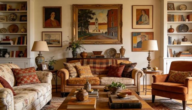Cozy traditional living room with plaid sofa, built-in bookcases, framed art gallery, warm lighting