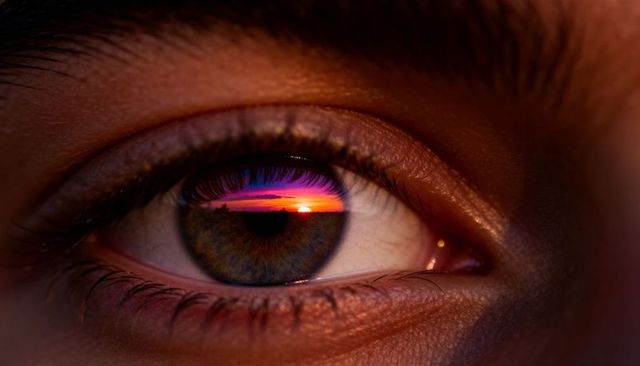 Hazel eye reflecting vibrant sunset over horizon - macro close-up of cornea