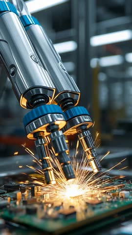 Robotic soldering nozzles sparking on PCB during automated electronics assembly video