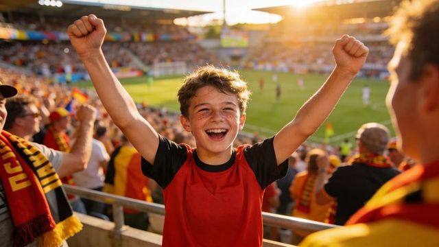 Joyful young football fan cheering and raising arms in sunlit stadium crowd celebrating victory