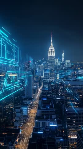 Cyan AR Overlay Mapping Downtown Spire Night Cityscape Neon Grid Vertical Video