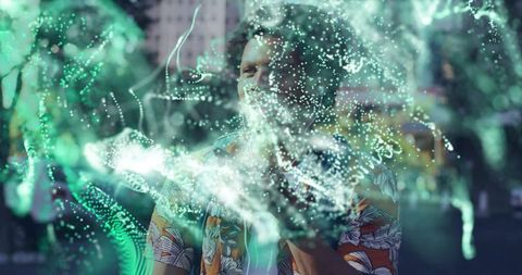 Tech enthusiast engaging with ar hologram in urban setting