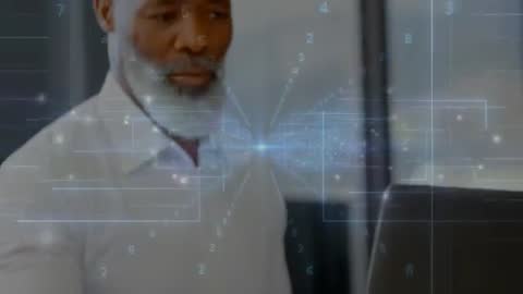 Senior IT Professional Analyzing Data with Futuristic Digital Overlay