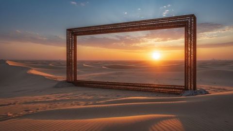 Metal Frame Sculpture with Glowing Sunset over Desert Dunes