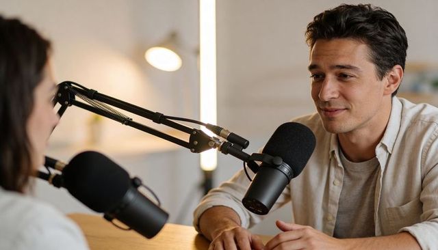 Male podcast host speaking into microphone during friendly interview at home studio