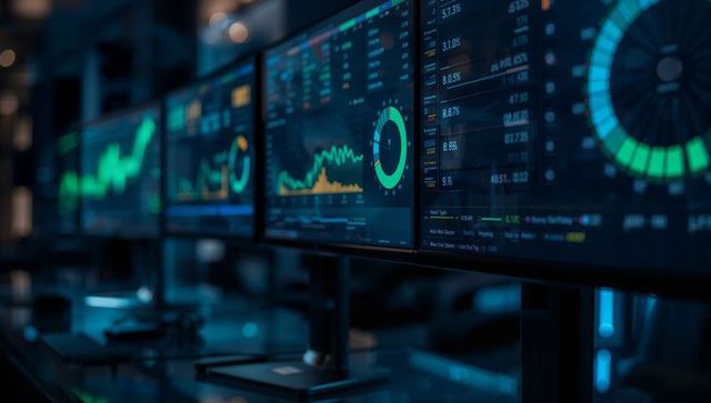 Four Monitors Displaying Financial Dashboards at Trading Desk
