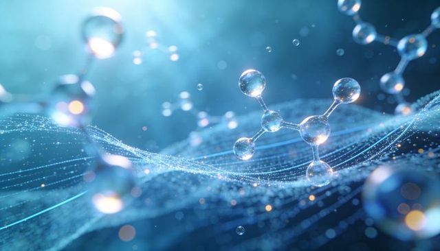 Glowing molecular network visualization with glass-like atoms over digital data wave mesh