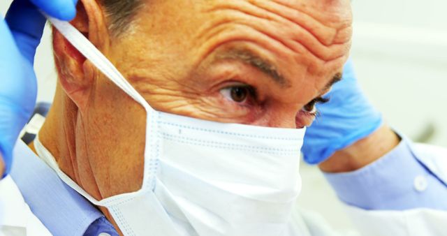 Mature doctor adjusting his face mask in a hospital, wearing blue gloves, representing careful adherence to hygiene and safety protocols. Useful for illustrating themes related to healthcare, COVID-19 pandemic, medical safety, hospital environments, and infection control.