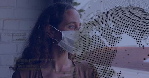 Woman wearing surgical mask looking out window with digital global health overlay