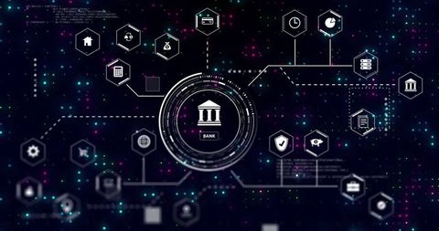 Futuristic bank technology interface with finance icons