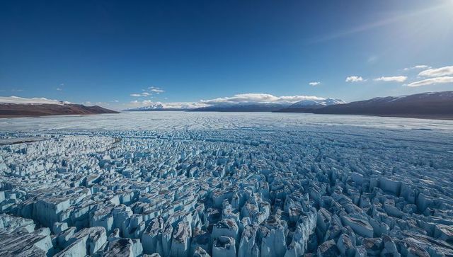 Aerial crevassed glacier stretching with towering seracs across vast icefield, clear sky