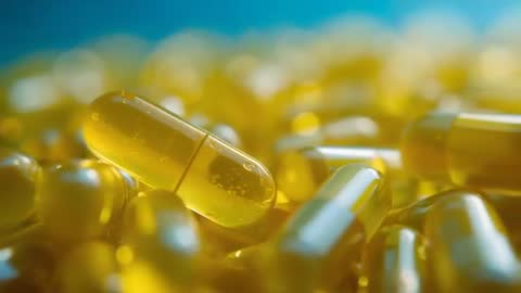 Camera sweeping over translucent yellow oil-filled softgel capsules, macro product motion