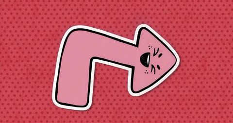 Playful pink arrow character on comic style background