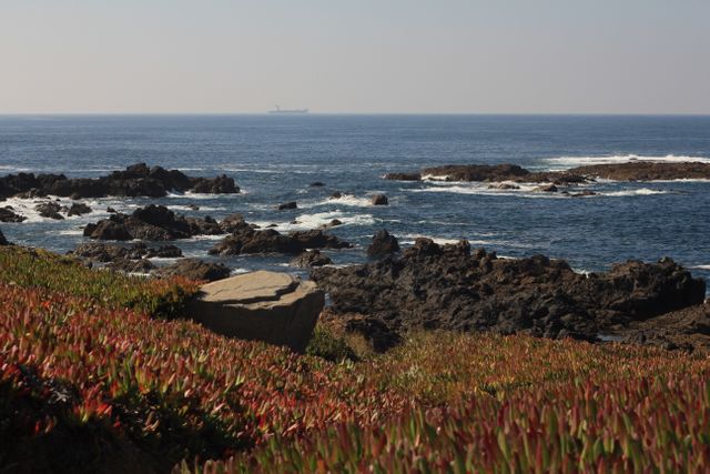 Scenic view of a rocky coastline with waves crashing against the shore, a calm ocean extending to the horizon, and a distant ship. Perfect for travel blogs, nature websites, relaxation backgrounds, and maritime content.