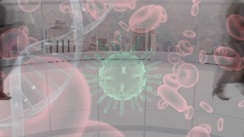 Abstract Overlay with DNA Strand and Virus Over Cityscape