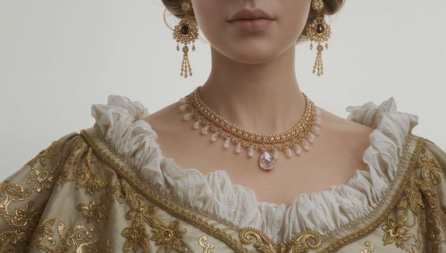 Regal model showcasing layered gold necklace and chandelier earrings with brocade gown