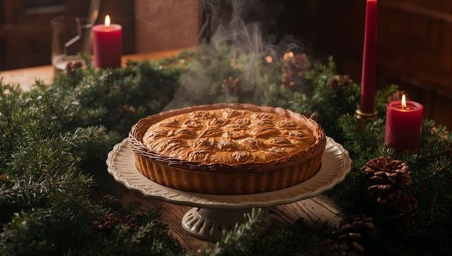 Festive pie on pedestal with pinecone garland and red candles
