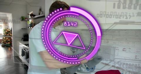 Man loading smart washer with pink ar hud overlay in modern home laundry scene