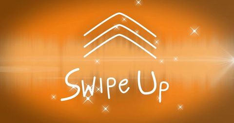 Swipe up hand-drawn chevrons on orange gradient with sparkles and glossy flare