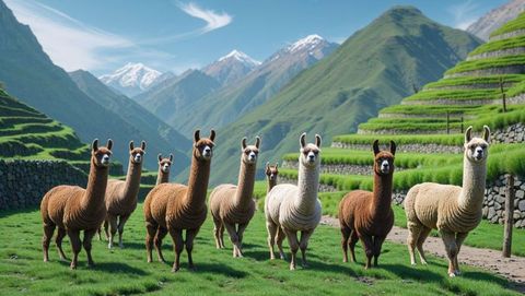 Herd of brown llamas on terraced hillside with mountain views