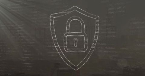 Digital Padlock Symbol Over Urban Skyline with Glitch Effect