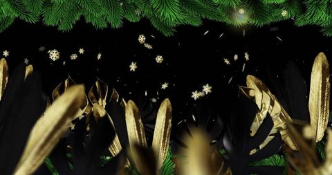 Luxurious gold and black tropical leaves with pine garland for festive holiday glamour