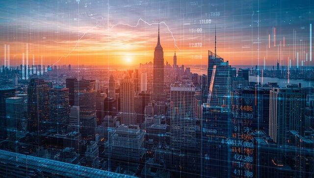 Manhattan Skyline Sunset with Financial Data Overlay