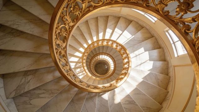 Spiraling marble staircase with ornate gilded balustrade and sunlit arched windows