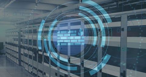 Digital Firewall Icon Hovering Over Data Center Aisle