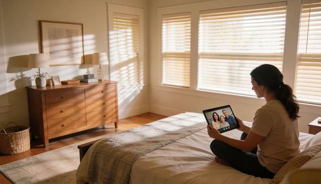 Sunlit bedroom woman joining family video call on tablet remote connection cozy morning