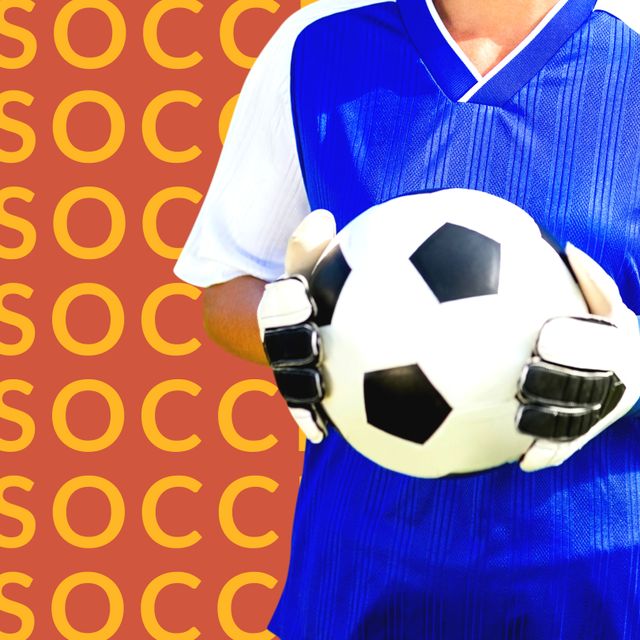Soccer player with blue jersey holding soccer ball with goalkeeper gloves, and background displaying multiplied text 'SOCC'. Ideal for sports websites, poster designs, soccer event promotions, or blog posts about soccer. Emphasizes enthusiasm for the game and athleticism.