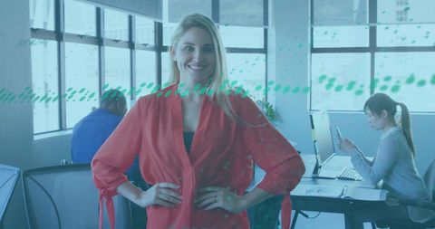 Confident Businesswoman Overseeing Digital Data in Modern Office