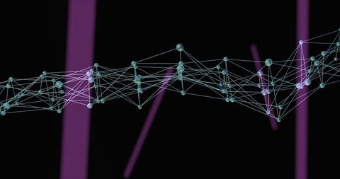 Teal Node Network Linking via Cyan Lines with Magenta Beams on Black Canvas