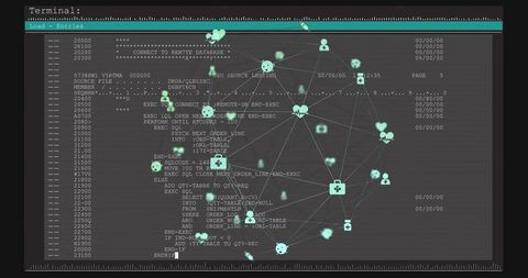 Retro terminal teal network node graph with pulsing security icons and code stream