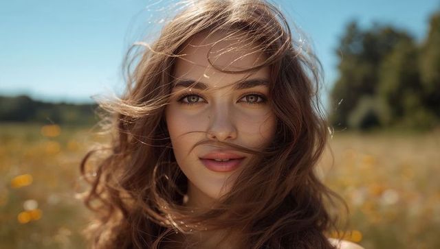 Serene Woman in Wildflower Meadow with Windblown Hair