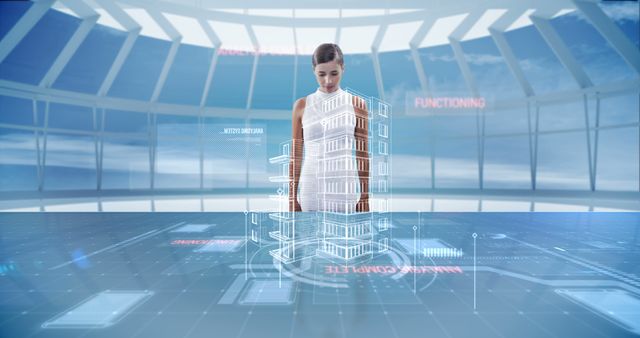 A woman interacts with a virtual reality display, showcasing a detailed 3D hologram of a building. Perfect for technology presentations, futuristic concept designs, innovation showcases, and virtual reality applications.