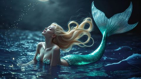Mystical mermaid arising under full moon.