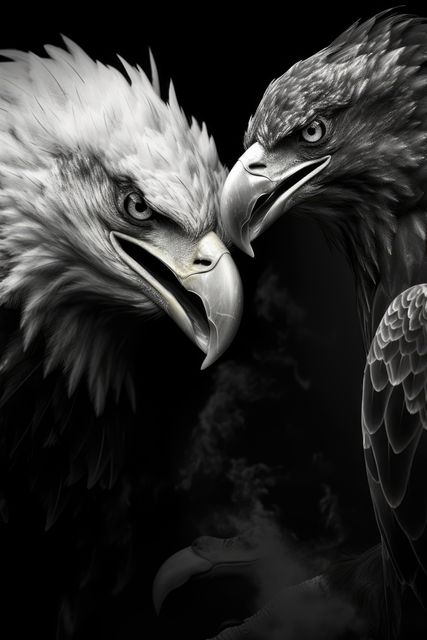 Two eagles face each other in a dramatic black and white portrait. Their intense gazes and sharp beaks convey a sense of power and majesty in the animal kingdom.