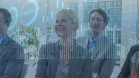 Abstract Data Visuals Overlay Diverse Business Team Meeting